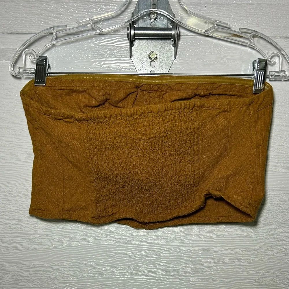 Free People Smocked Bandeau Tube Top Boho Mustard Linen Blend Strapless  S